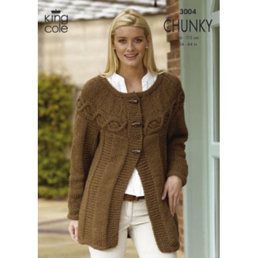 King Cole 3004: Jumper or cardigan with sideways cabled yoke