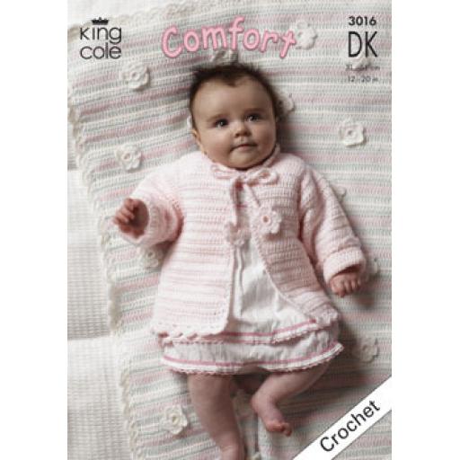 King Cole 3016: Cardigan and blanket crochet pattern with flower decorations