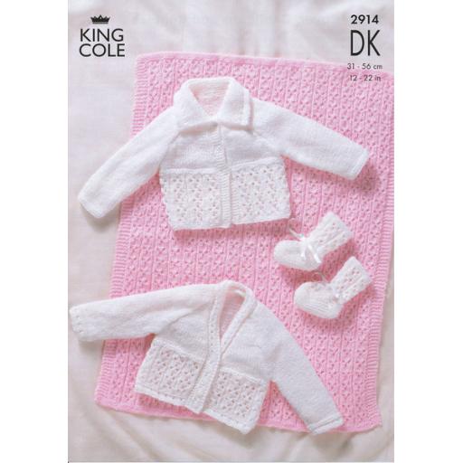 King Cole 2914: Eyelet lace pattern for cardigans, booties and a blanket.