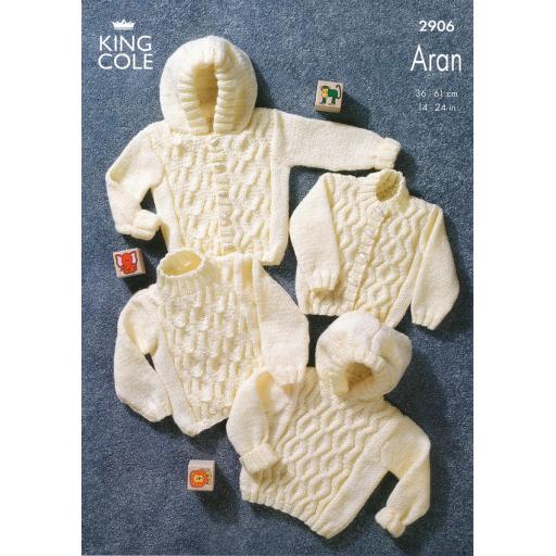 King Cole 2906: Baby aran jumpers with hood or jacket styles
