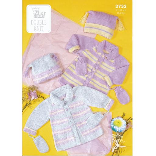 King Cole 2732: Striped baby jackets with hat and mitts in DK